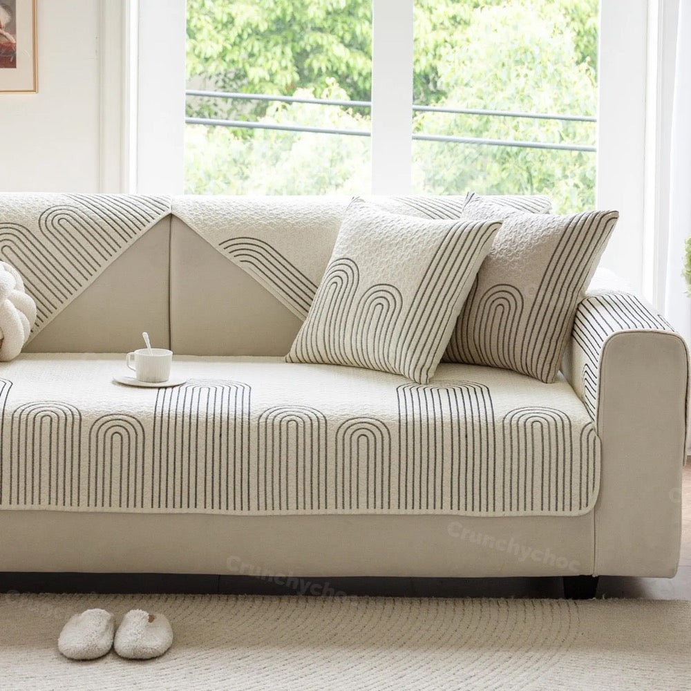 Embroidered 100% Cotton Sofa Cushion Cover: Anti-Slip Couch Protector